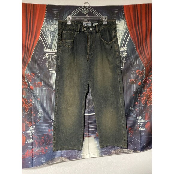 Vintage Mecca USA Jeans Mens 36 Big Baggy Blue Embroidered Y2K Hip Hop Pants - Picture 1 of 6